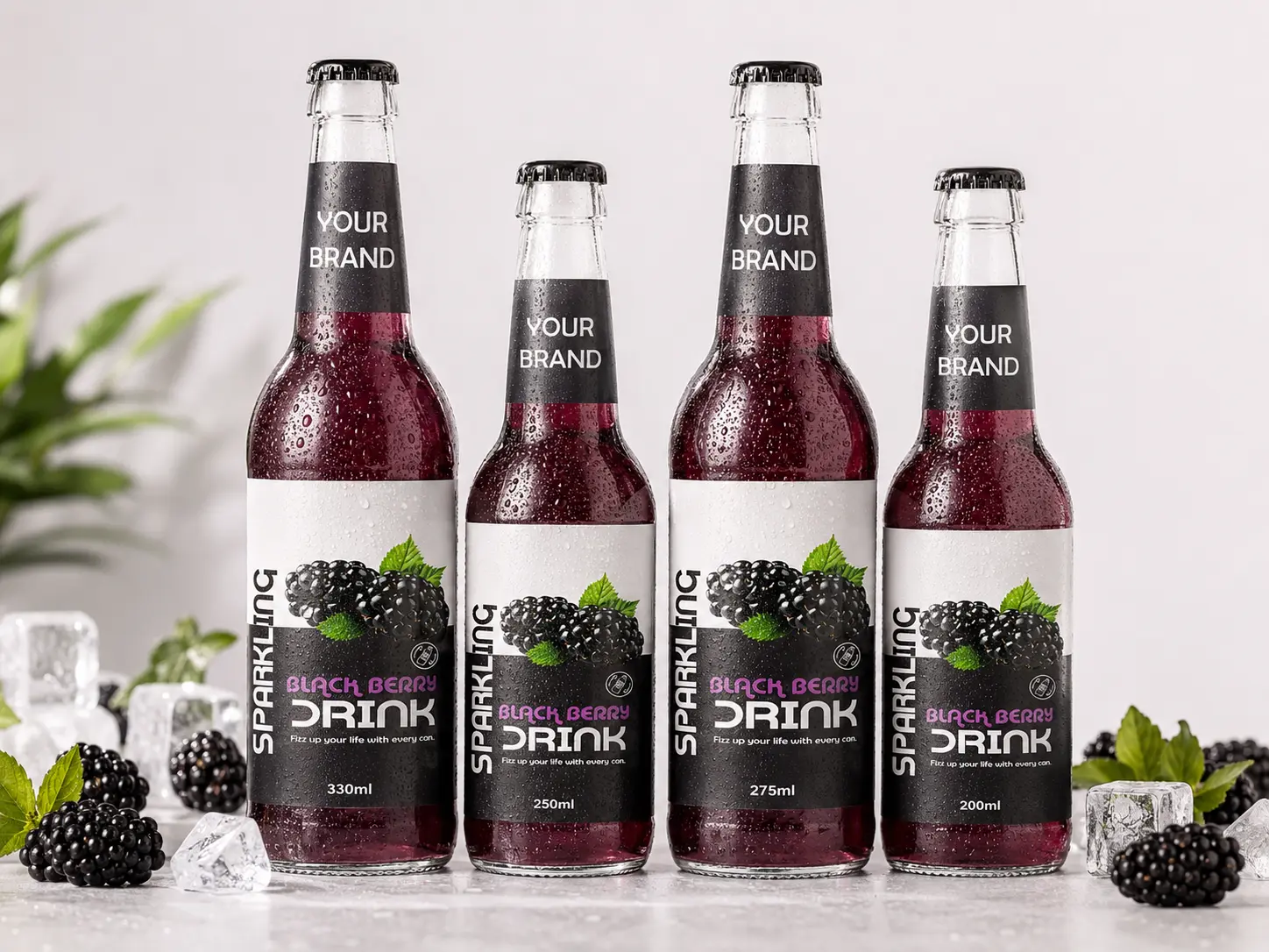 SPARKLING DRINK Blackberry Flavored Drink in 330ml, 250ml, 275ml, and 200ml glass bottles.